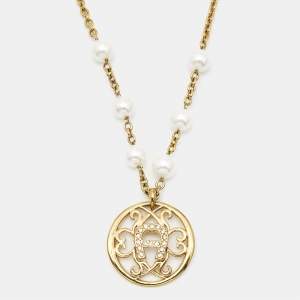 Pre Owned Aigner Crystal Faux Pearl Gold Tone Necklace