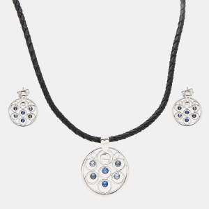 Pre Owned Aigner Crystals Silver Tone Leather Necklace and Earrings Set