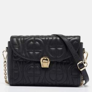 Aigner Black Logo Embossed Leather Pria Chain Shoulder Bag