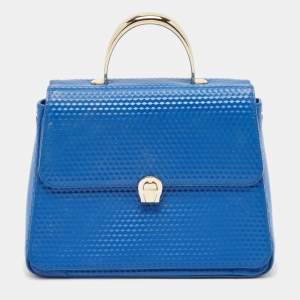 Aigner Blue Embossed Leather Genoveva M Top Handle Bag