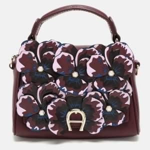 Aigner Burgundy Leather Embellished Top Handle Bag