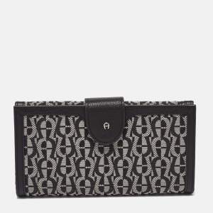 Aigner Black/White Signature Canvas and Leather Continental Wallet