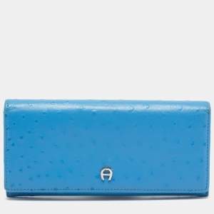 Aigner Blue Ostrich Embossed Leather Logo Continental Wallet