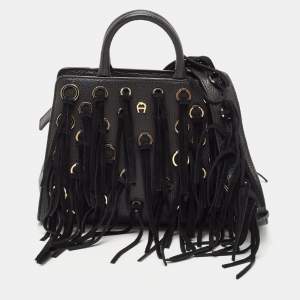Aigner Black Leather and Suede Small Fringe Cybill Bag