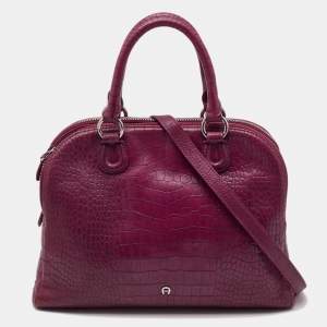 Aigner Magenta Croc Embossed Leather Double Zip Satchel