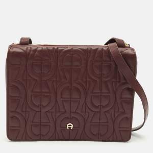 Aigner Burgundy Logo Embossed Leather Flap Crossbody Bag