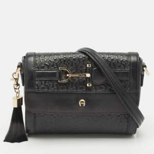 Aigner Black Leather Logo Embossed Flap Crossbody Bag