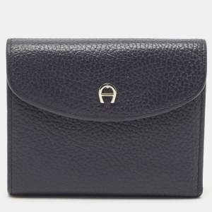 Aigner Dark Blue Leather Logo Trifold Wallet