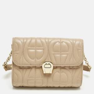 Pre Owned Aigner Beige Logo Embossed Leather Genoveva Belt Bag