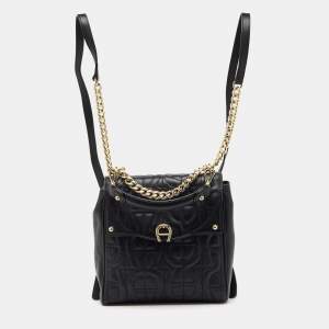 Pre Owned Aigner Black Logo Embroidered Leather Diadora Backpack