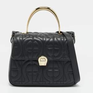 مملوكة مسبقًا Aigner Genoveva Small Black Logo Embossed Leather Top Handle Bag w/ Wallet