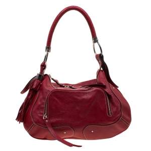 Pre Owned Aigner Red Leather Tassels Hobo 