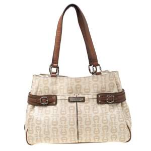 Pre Owned Aigner Beige/Brown Signature Coated Canvas and Leather Belted Tote