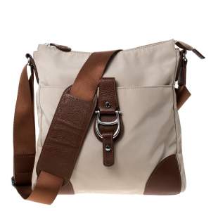 Pre Owned Aigner Beige/Brown Nylon and Leather Logo Buckle Crossbody Bag