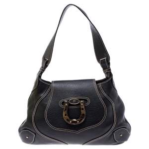 Pre Owned Aigner Black Leather Flap Shoulder Bag