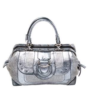 Pre Owned Aigner Metallic Silver  Faux Leather Studded Satchel