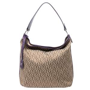 Pre Owned Aigner Beige/Purple Signature Canvas and Leather Hobo