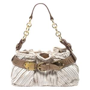 Pre Owned Aigner Metallic Beige/Bronze Fabric Small Pleated Shoulder Bag