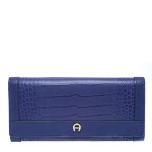 Pre Owned Aigner Purple Croc Embossed Continental Wallet