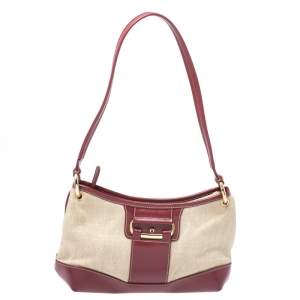 Pre Owned Aigner Red/Beige Canvas and Leather Shoulder Bag