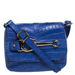 Pre Owned Aigner Blue Croc Embossed Leather Crossbody Bag