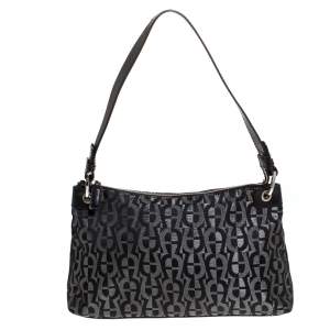 Pre Owned Aigner Monogram Metallic Black Signature Fabric Shoulder Bag