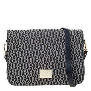 Aigner Grey/Black Signature Canvas and Leather Crossbody Bag
