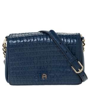 Pre Owned Aigner Navy Blue Leather Flap Crossbody Bag