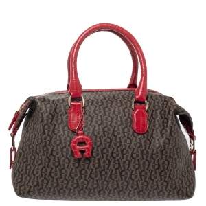 Pre Owned Aigner Brown/Red Signature Coated Canvas and Leather Satchel