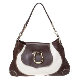 Pre Owned Aigner Dark Brown/White Leather Logo Buckle Flap Shoulder Bag