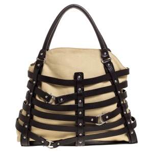 Pre Owned Aigner Brown/Beige Canvas and Leather Damascus Belted Tote