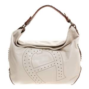 Pre Owned Aigner Ivory Leather Hobo