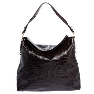 Pre Owned Aigner Dark Brown Croc Embossed Leather Hobo