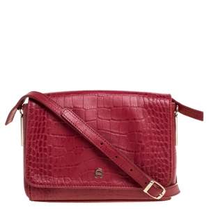 Pre Owned Aigner Red Croc Embossed Leather Crossbody Bag