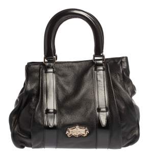 Pre Owned Aigner Black Leather Metal Plaque Tote