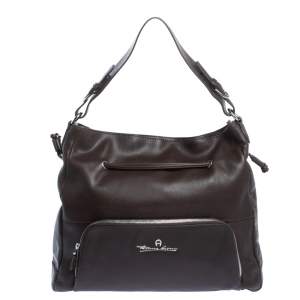 Aigner Dark Brown Leather Drawstring Front Pocket Top Handle Bag