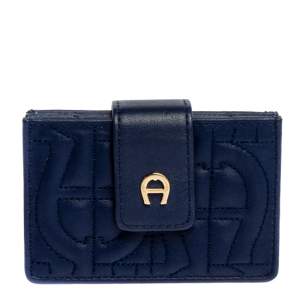Pre Owned Aigner Blue Quilted Leather Card Holder