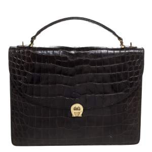 Pre Owned Aigner Black Croc Embossed Leather Logo Buckle Flap Top Handle Bag
