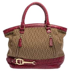 Pre Owned Aigner Pink/Beige Signature Canvas and Leather Zip Satchel