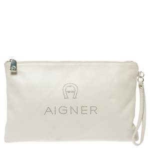 Pre Owned Aigner Cream Leather Wristlet Pouch