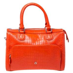 Pre Owned Aigner Orange Croc Embossed Leather Front Pocket Zip Shoulder Bag