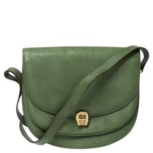 Pre Owned Aigner Green Leather Logo Flap Crossbody Bag 