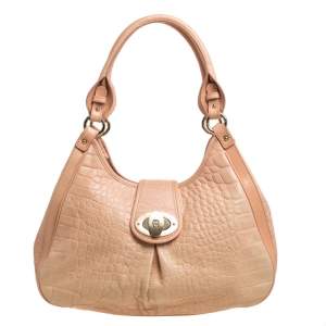 Pre Owned Aigner Peach Croc Embossed Leather Logo Turnlock Shoulder Bag