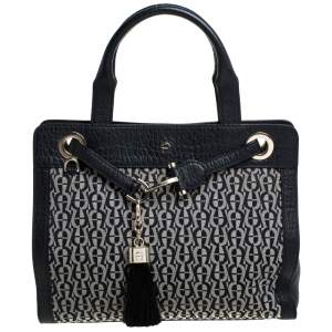 Pre Owned Aigner Black Signature Canvas and Croc Embossed Leather Cavallina Tote