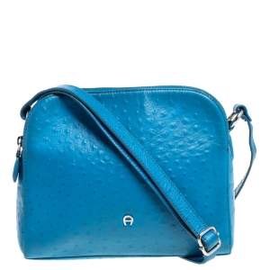 Pre Owned Aigner Sky Blue Ostrich Embossed Leather Double Zip Shoulder Bag