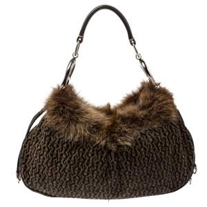 Aigner Brown Signature Canvas,Leather and Faux Fur Logo Handle Hobo