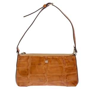 Pre Owned Aigner Tan Croc Embossed Patent Leather Baguette Shoulder Bag