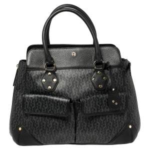Pre Owned Aigner Black/Grey Signature Coated Canvas and Leather Satchel
