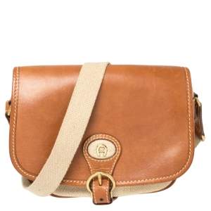 Pre Owned Aigner Brown/Beige Canvas and Leather Logo Flap Crossbody Bag