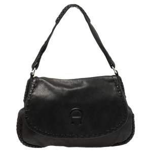 Pre Owned Aigner Black Leather Braided Flap Hobo